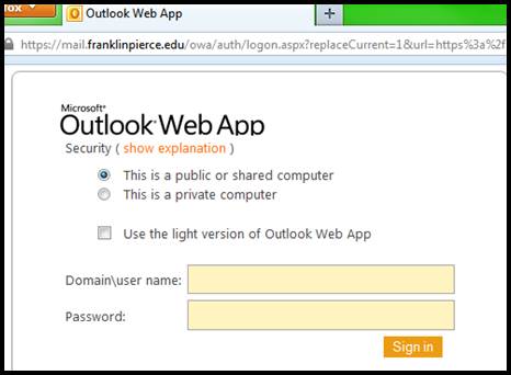 Image of a screen shot of the Outlook Web App login screen